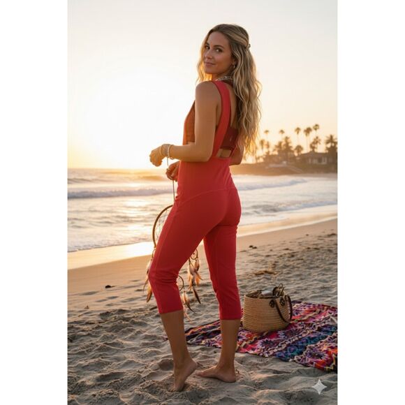 Free People Movement red burgundy cropped workout jumpsuit xlarge - Picture 2 of 11